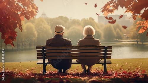 Retired couple sitting on bench in autumn park photo