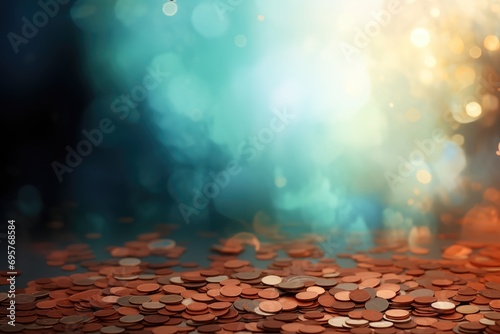Blurred background with bokeh lights and gold coins. Abstract background representing "National Lost Penny Day" on February 12