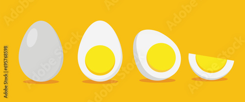 Raw, broken, boiled and fried eggs flat item set. cartoon domestic chicken eggs with yellow yolk isolated vector illustration collection. organic farm products and food concept Free Vector