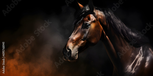 AI generated illustration of a black horse with flames emitting from its nostrils,, Elegant Horse Close-Up in Dark Background