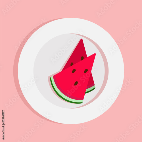 Red fresh watermelon fruit illustration design for vegetarian social media tamplate or healty food icon. A simple flat design oraganic and healty watermelons slice.