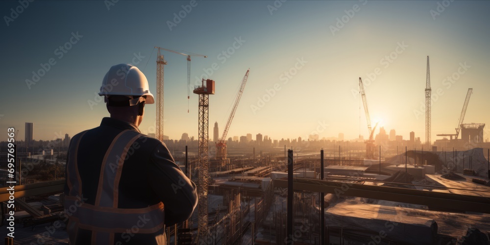 A worker in safety gear overlooking an industrial construction site at dawn. A worker in safety gear overlooking an industrial construction site at dawn.