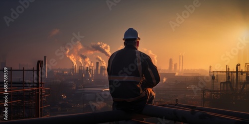 A worker in safety gear overlooking an industrial construction site at dawn. © ParinApril