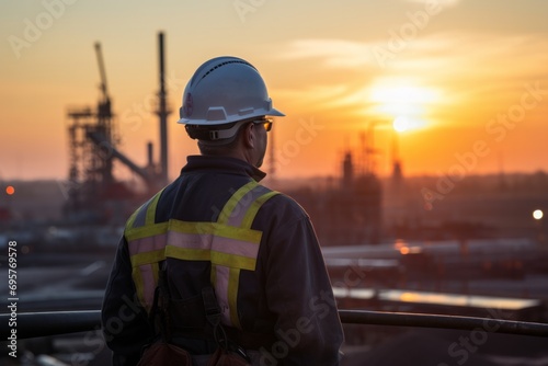 A worker in safety gear overlooking an industrial construction site at dawn.