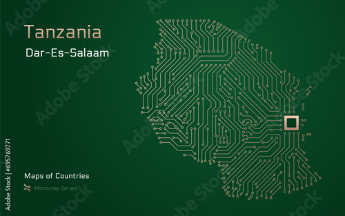 Tanzania Map with a Largest city of Dar es Salaam, and capital Dodoma, Shown in a Microchip Pattern with processor. E-government. World Countries vector maps. Microchip Series