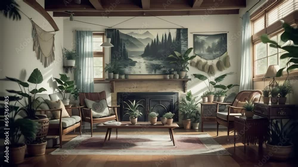 sunlight illuminates interior of cozy boho style living room with indoor plants and elegant accessories.