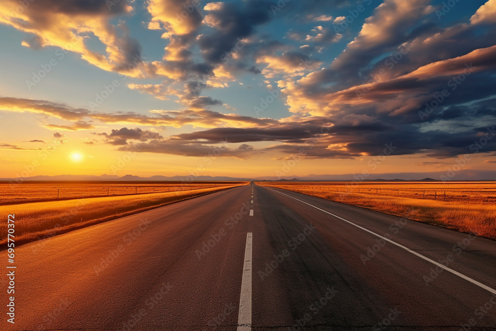 Straight asphalt road and dramatic sunset