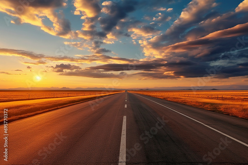 Straight asphalt road and dramatic sunset