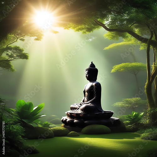 a remote stone buddha statue of great value in a forest =AI generated illustration
