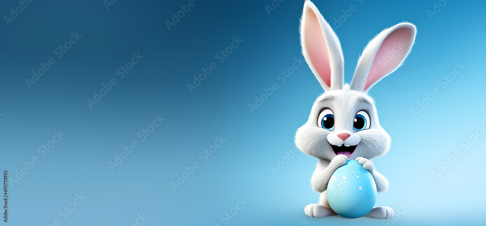 an easter bunny posing with easter eggs on a blue background with copy space, a backdrop for sales and marketing