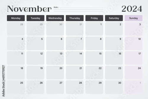 November 2024 calendar or desk planner in soft gray and purple colors with empty note lines, weeks start on Monday, vector illustration design