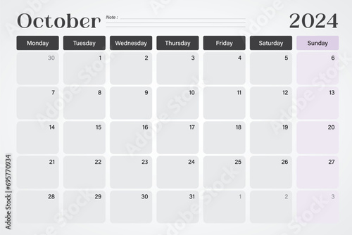October 2024 calendar or desk planner in soft gray and purple colors with empty note lines, weeks start on Monday, vector illustration design