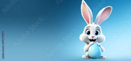 an easter bunny posing with easter eggs on a blue background with copy space, a backdrop for sales and marketing