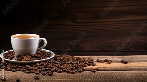 Coffee beans and coffee cup on a wooden surface