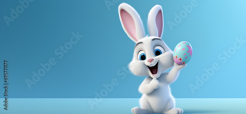 A cute easter bunny with an easter egg on a blue background with copy space, an abstract poster for sales and marketing