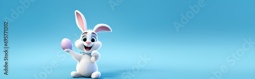A cute easter bunny with an easter egg on a blue background with copy space, an abstract poster for sales and marketing