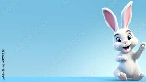A cute easter bunny with an easter egg on a blue background with copy space, an abstract poster for sales and marketing
