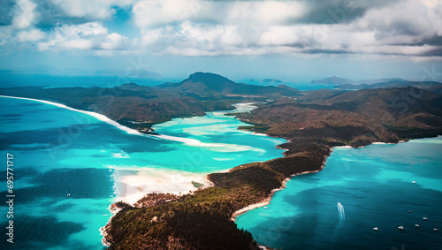 The aerial view of the Whitsunday Island National Park from scenic helicopter photo