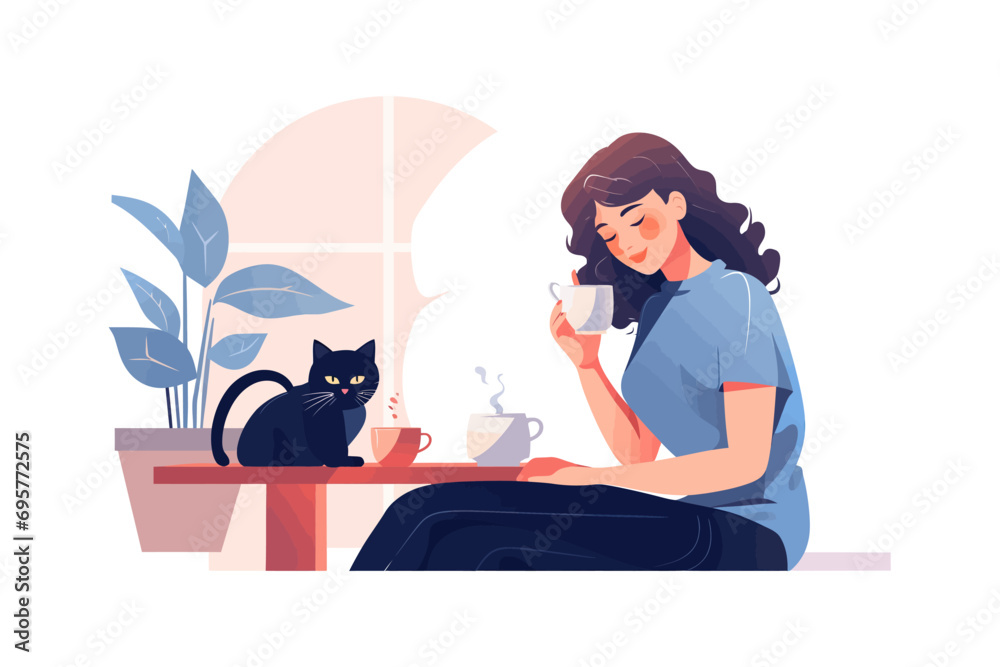 Girl drinking coffee. Vector illustration design.