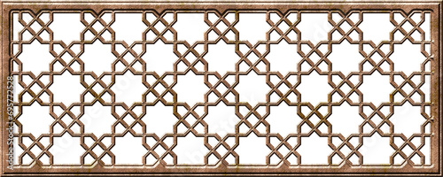 Arabic geometric golden pattern. Islamic ornament mashrabiya panel. Wall screen Islamic traditional motif, 3d bronze grill. Isolated on white  background. Artistic metal casting. Illustration photo