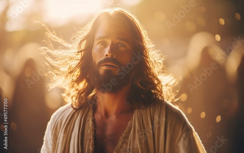Jesus in the morning sunlight with bokeh. Generative AI