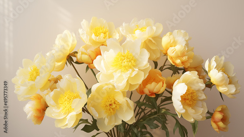 Bouquet of stylish peonies close-up. Yellow peony flowers. Close-up of flower petals. Floral greeting card or wallpaper. Delicate abstract floral pastel background. Greeting card. Generated AI