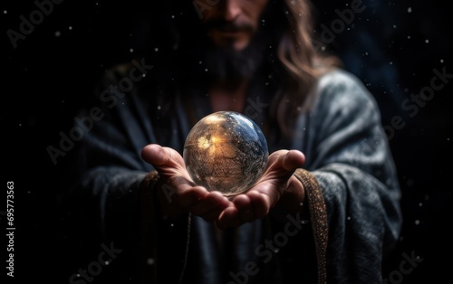 Jesus holding the world with dark background photo