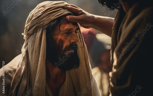 Jesus blessing sick poor man, healing from disease, salvation after prayer. generative ai photo