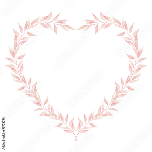 watercolor heart shape frame with pink leaf isolated. Greeting card for Valentine's day. #695773798