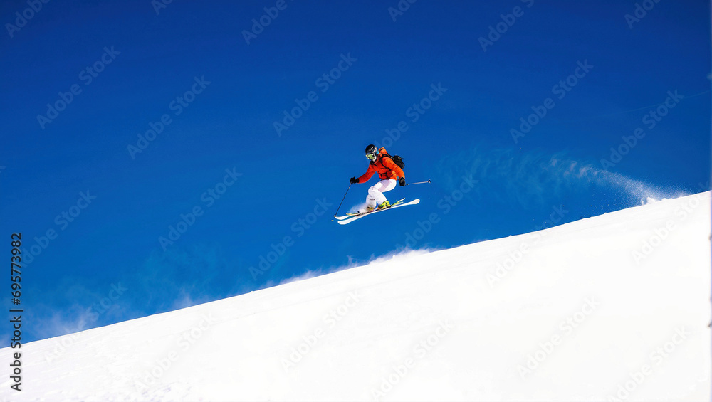 A skier in bright attire is captured mid-jump against a stark blue sky and pristine white snow