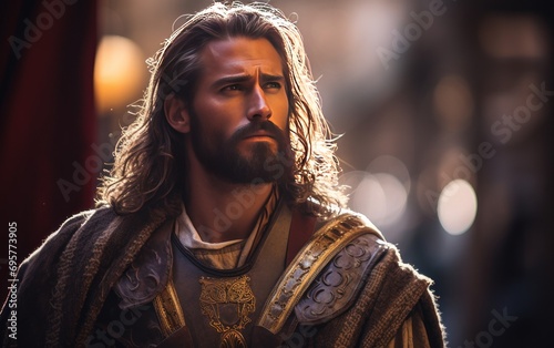 Jesus in Roman warrior clothing. Fighting concept. generative ai