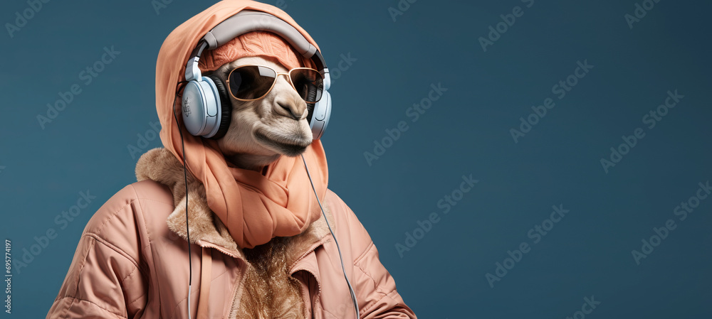fashionable camel in sunglasses and headphones on a plain background fashionable camel in sunglasses and headphones on a plain background