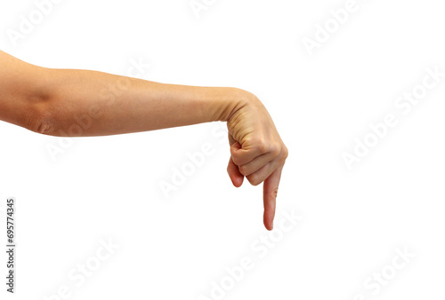 Isolated female hand pointing down with finger.