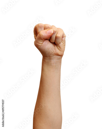 Isolated raised fist or the clenched fist hand gesture. Symbol of solidarity, support, salute to express unity, strength. photo