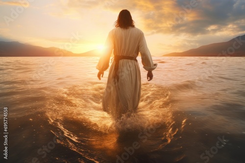 jesus christ walks on water religious concept. generative ai photo