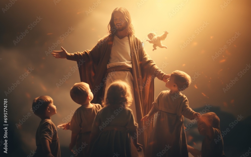 Jesus Christ in Heaven. Resurrection of Jesus Christ concept. Generative AI - obrazy, fototapety, plakaty 
