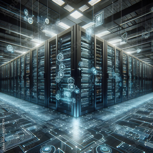 Modern data technology center server rack. The concept of IoT, the digitalization of data flow, and Internet traffic. Complex equipment warehouses, the advent of the AI era. Generative AI