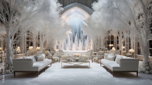 gran salon decorado con árbol de navidad con grandes ventanales con vistas a un bosque nevado, Generative Ai