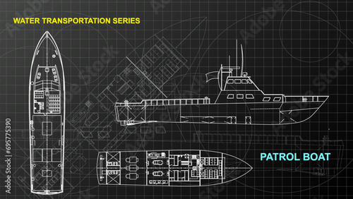 Patrol Boat model. Line art sketch wallpaper of water transportation series. Drafting art. Grid lines drawing against dark background. 