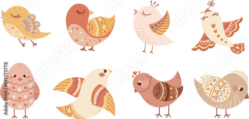 Flat cute birds with folklore ornaments. Spring birds in nude pastel colors for prints, fabrics, patterns