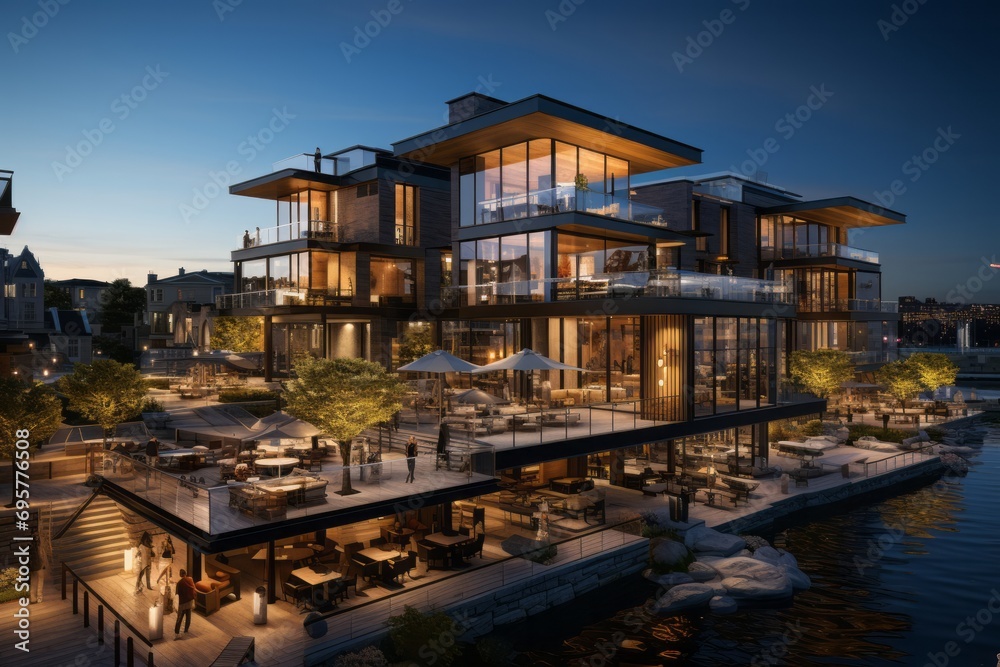 Fototapeta premium Modern waterfront development with sleek bars and upscale dining as the sun sets, Generative AI