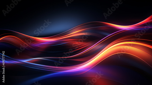 Abstract wavy neon lights on black background. Dynamic glowing neon lines over the dark color. Fast moving light effect  data transfer concept light. Generative AI
