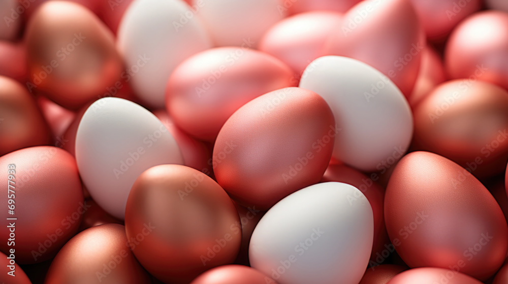 Lots of Easter eggs and feathers in trendy peach fuzz colors. Festive background. Lots of Easter eggs and feathers in trendy peach fuzz colors. Festive background.