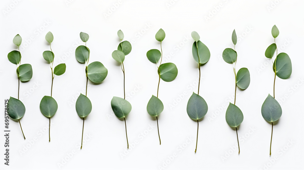Composition of top view eucalyptus leaves on white background