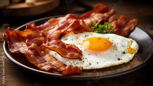 fried eggs, bacon and vegetable photo