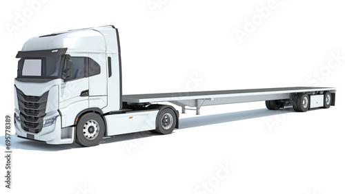 Truck with Lowboy Flatbed Trailer 3D rendering on white background