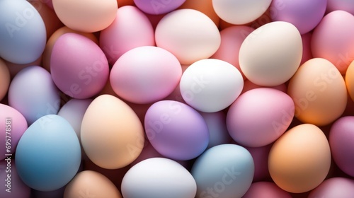 Lots of Easter eggs and feathers in trendy pastel candy colors. Festive background. photo