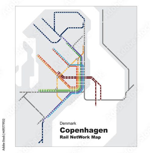 Layered editable vector illustration of Rail Network Map of Copenhagen, Denmark