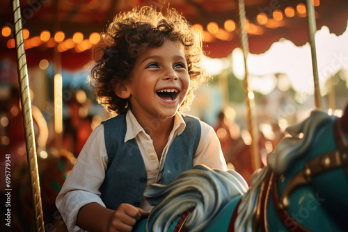 Cute little boy playing on carousel at amusement park. © Niks Ads