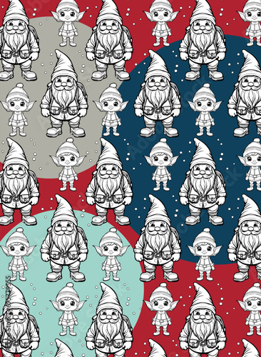 Seamless pattern with gnomes and elfs on the red background
